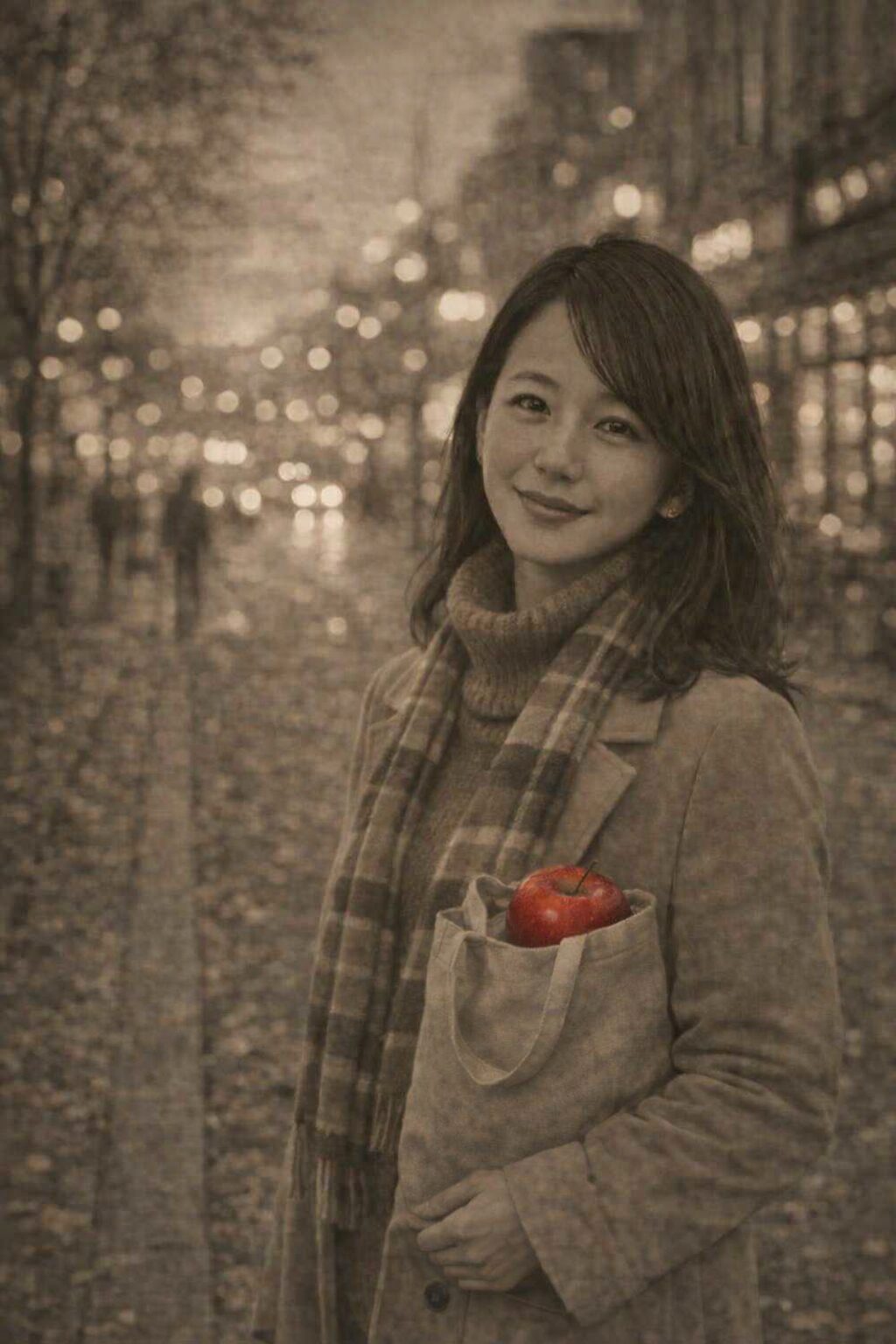 りんごの入った買い物袋を持つ若き日の彼女