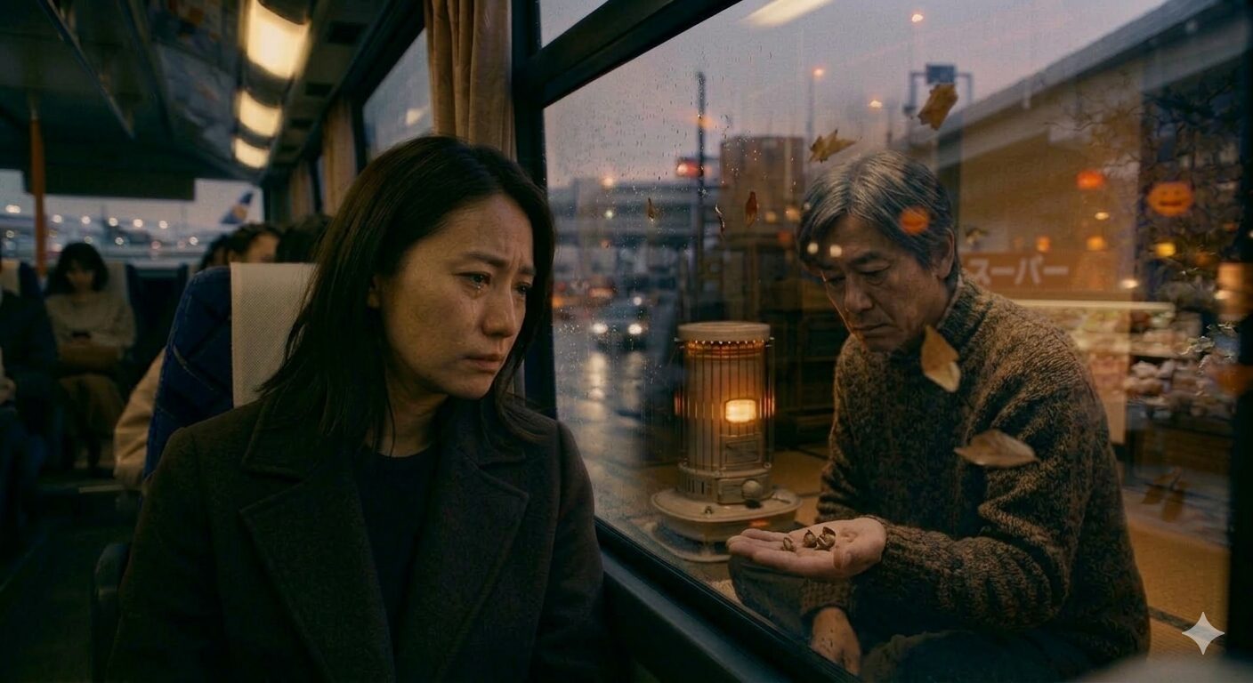 「りんごのにおいと風の国」バスの窓から夕暮れの街を眺めるイメージ