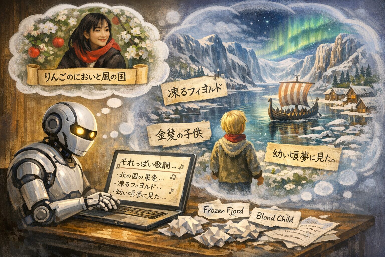 「りんごのにおいと風の国」という詩的な世界と、AI の“それっぽさ”の限界を、一枚の絵で対比するイメージ